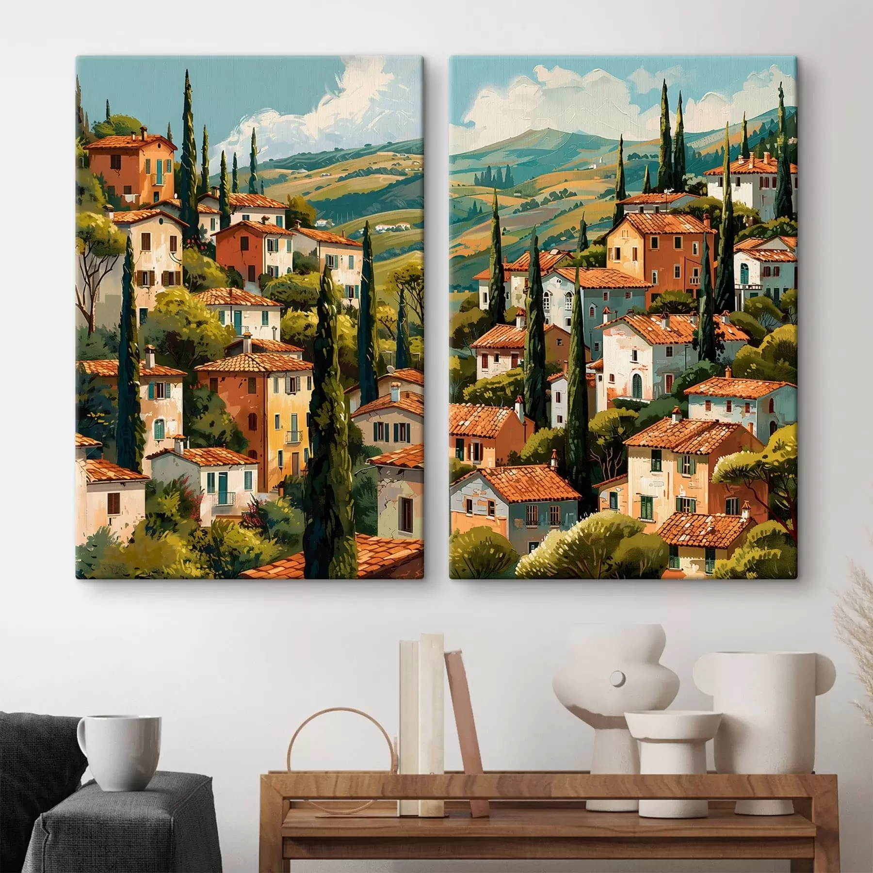 Wandbilder Mediterranes Bergdorf, übereinanderliegende Häuser in warmen Farbtönen mit Terrakottadächern m30097