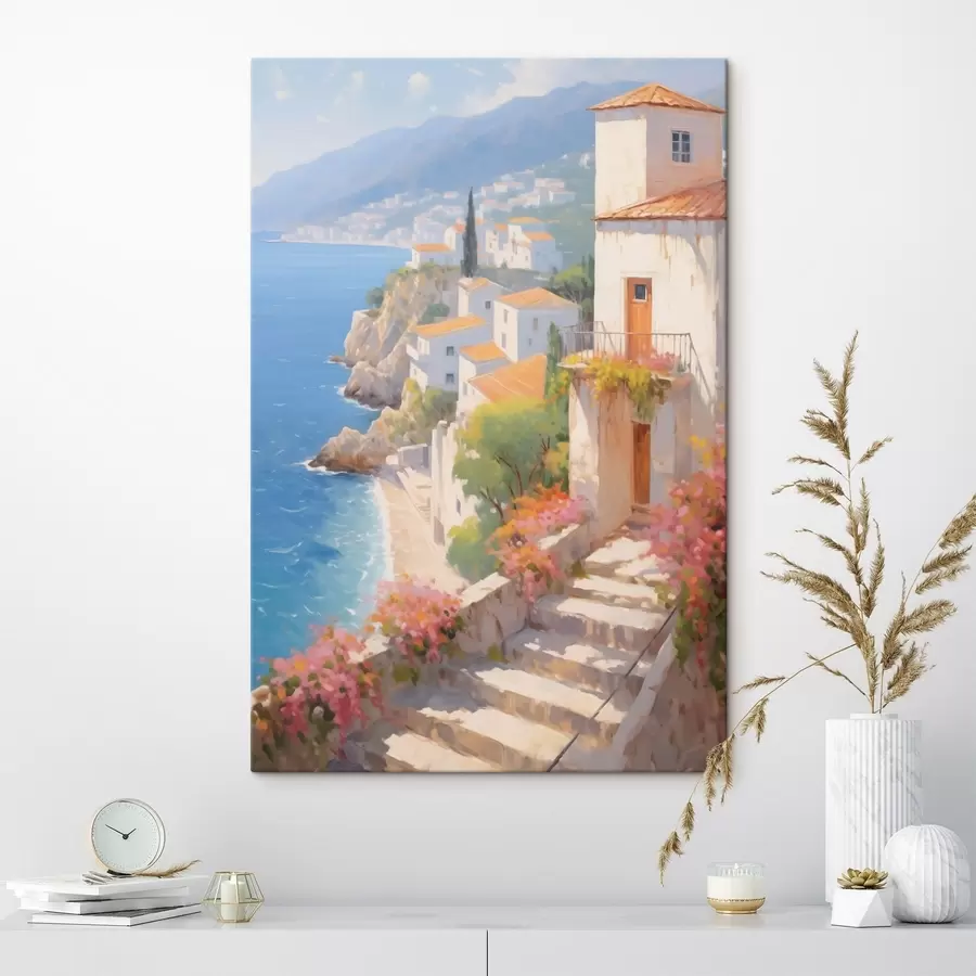 Wandbilder impressionistisches mediterranes Dorf an einer Steilküste s48060