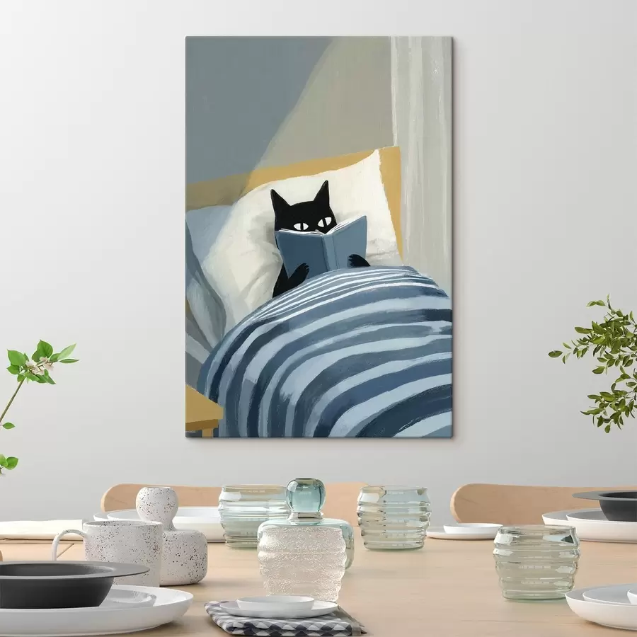 Wandbilder Minimale flache Illustration einer schwarzen Katze, die im Bett ein Buch liest s48117
