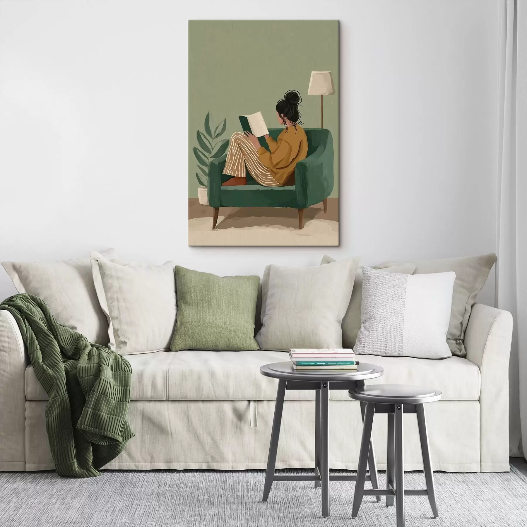 Wandbilder Minimalistische, gemütliche Illustration einer Frau, die in einem Sessel sitzt und liest s48118
