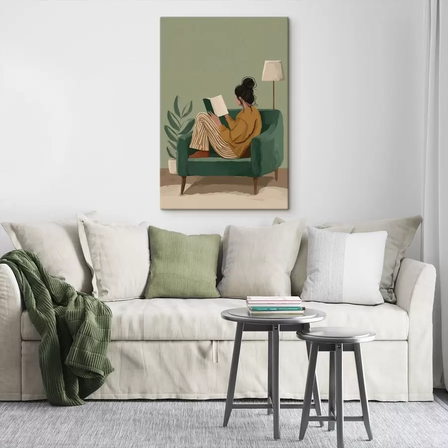 Wandbilder Minimalistische, gemütliche Illustration einer Frau, die in einem Sessel sitzt und liest s48118