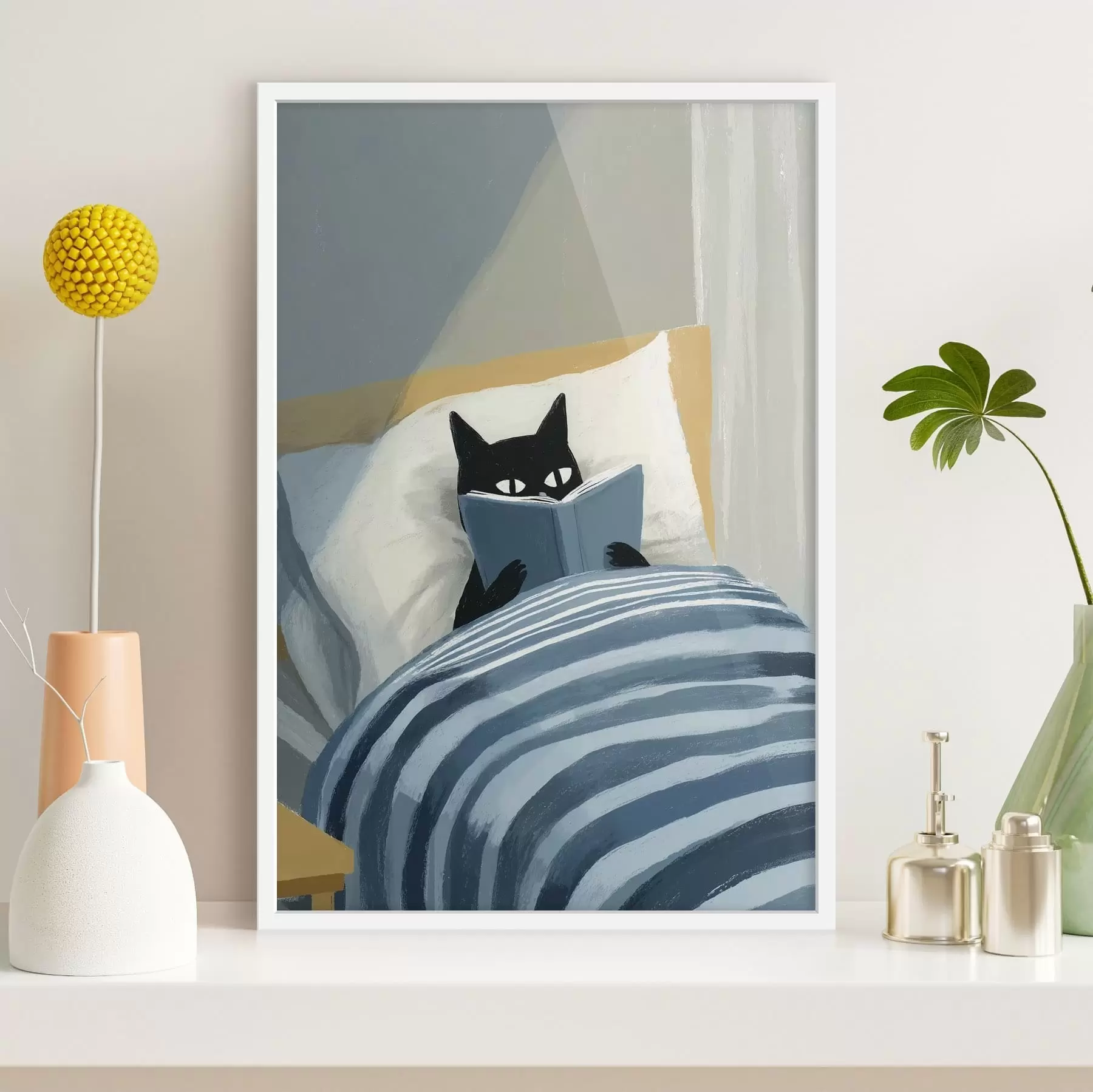 Fototapete Minimale flache Illustration einer schwarzen Katze, die im Bett ein Buch liest f48117