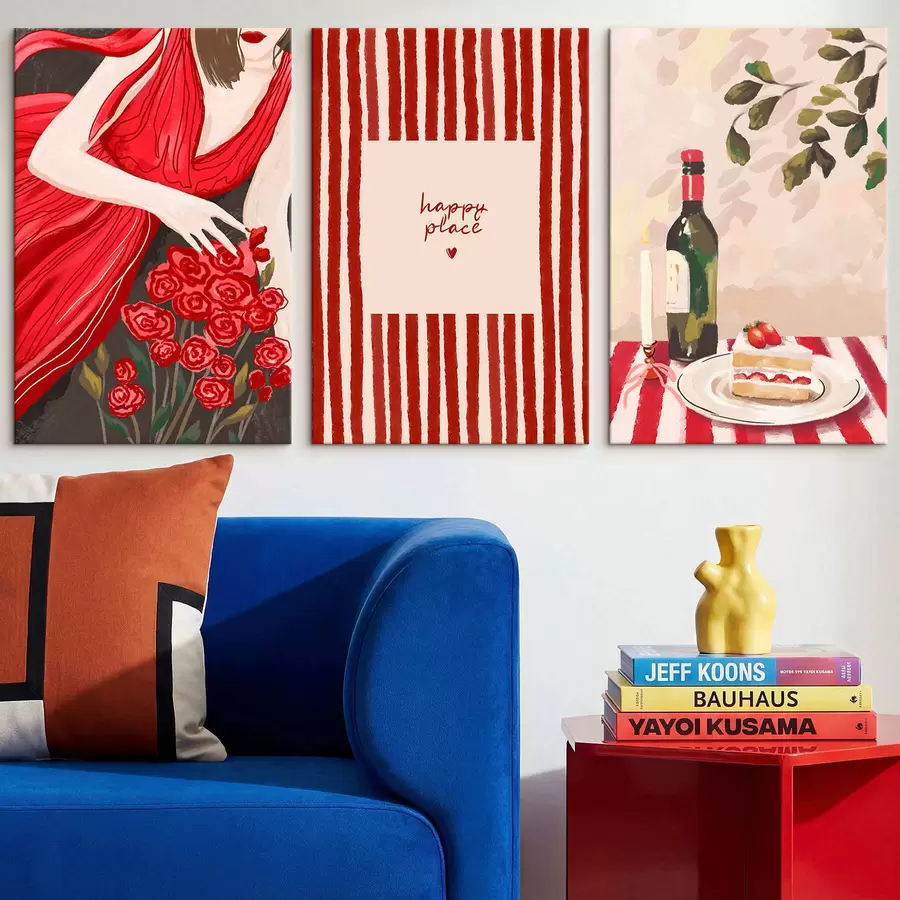 Wandbilder Frau mit Rosen, gestreiftem Poster und Tisch m30099