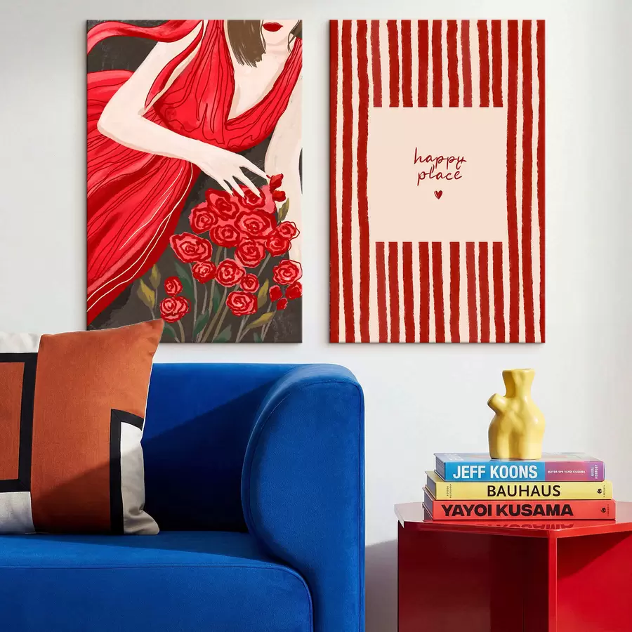 Wandbilder Frau mit Rosen und rotem Muster m30107