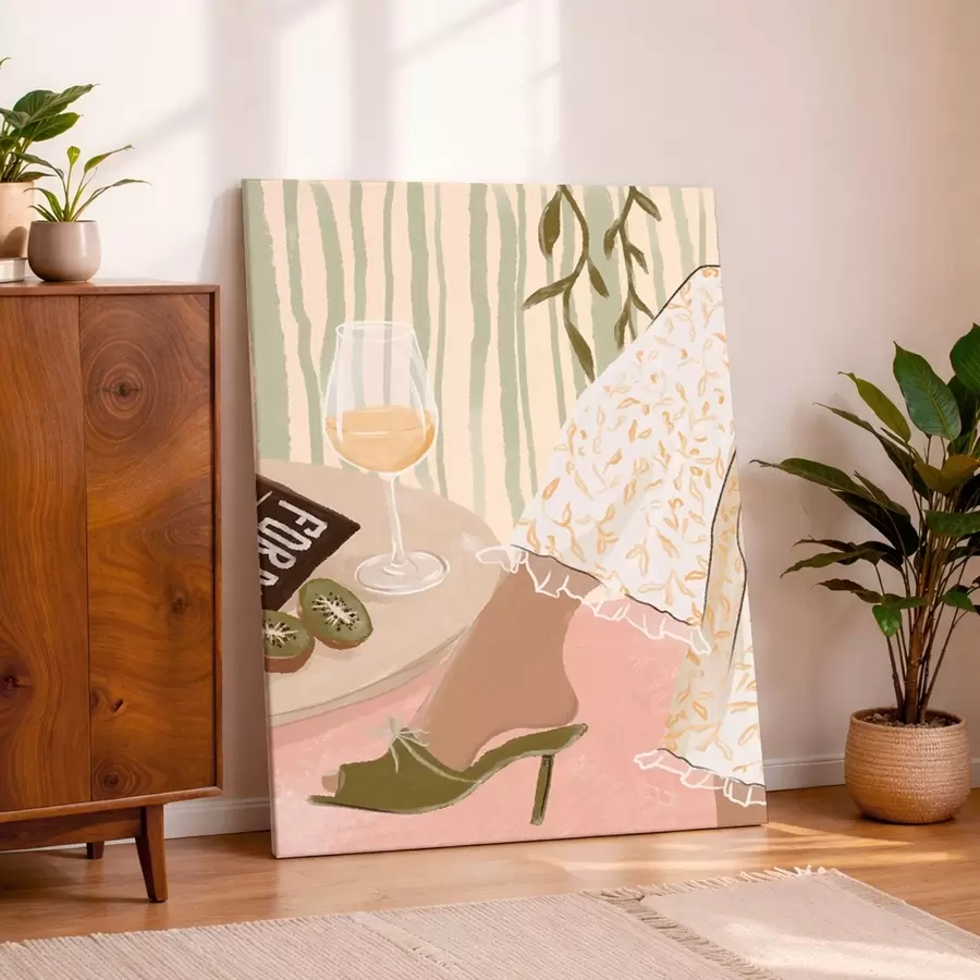 Wandbilder Tisch mit Weinglas und Kiwi neben Kleid s48021