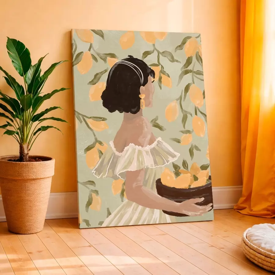 Wandbilder Frau hält eine Schüssel mit Zitronen an den Zweigen s48023