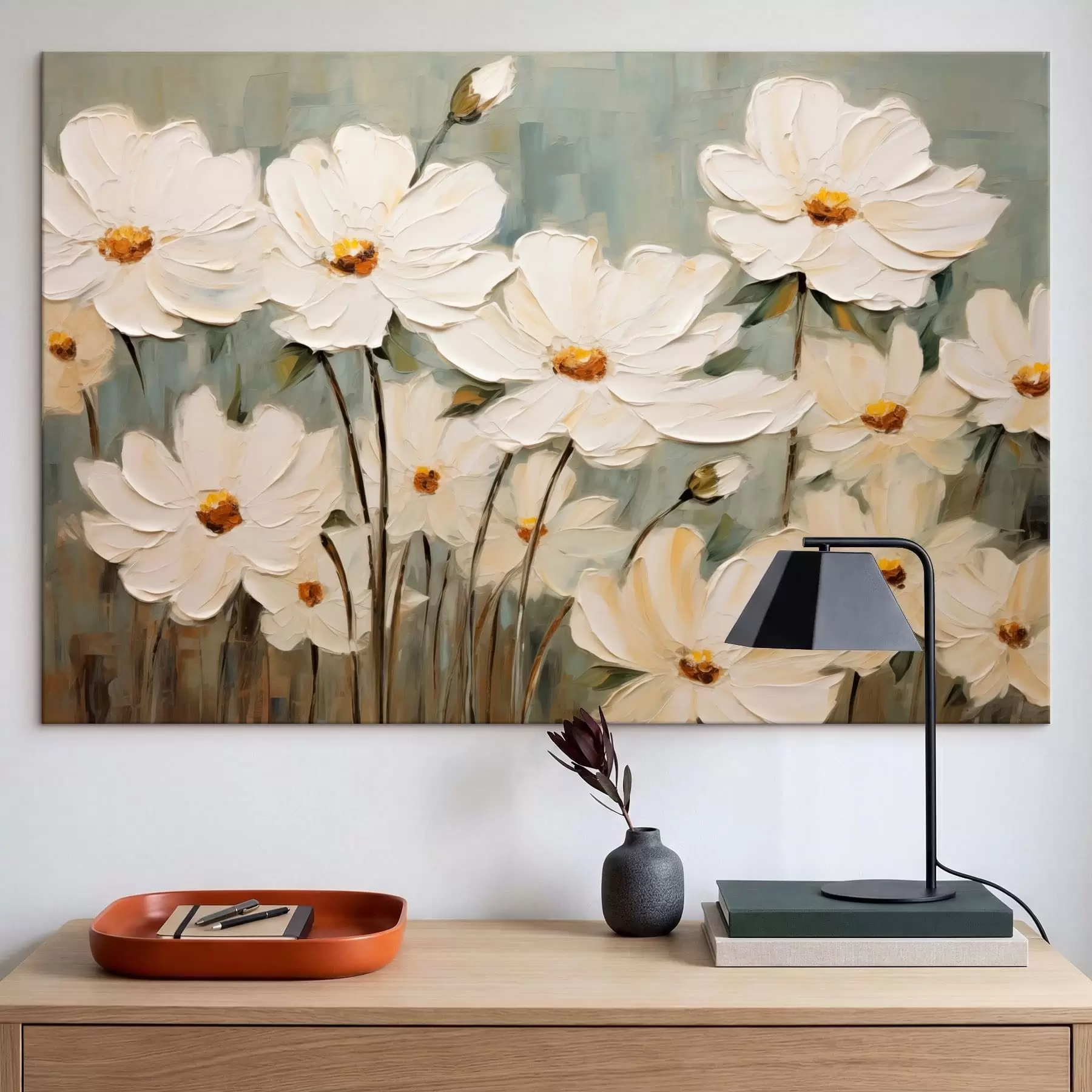 Wandbilder Weiße Blumen auf strukturiertem Hintergrund, Pinselstriche s48094