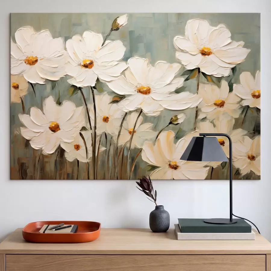 Wandbilder Weiße Blumen auf strukturiertem Hintergrund, Pinselstriche s48094