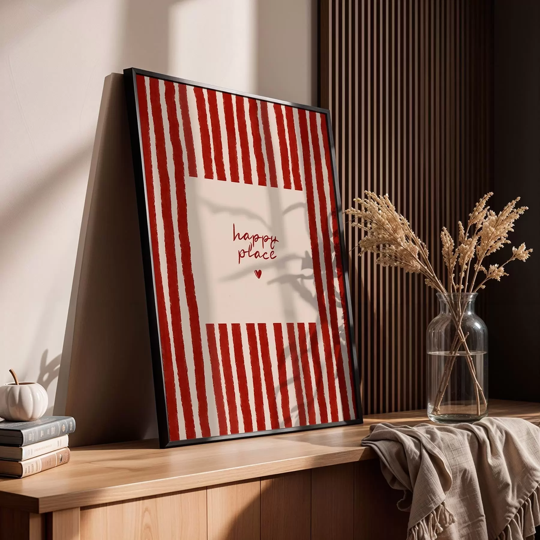 Fototapete Rote Streifen mit „Happy Place“-Text f48025