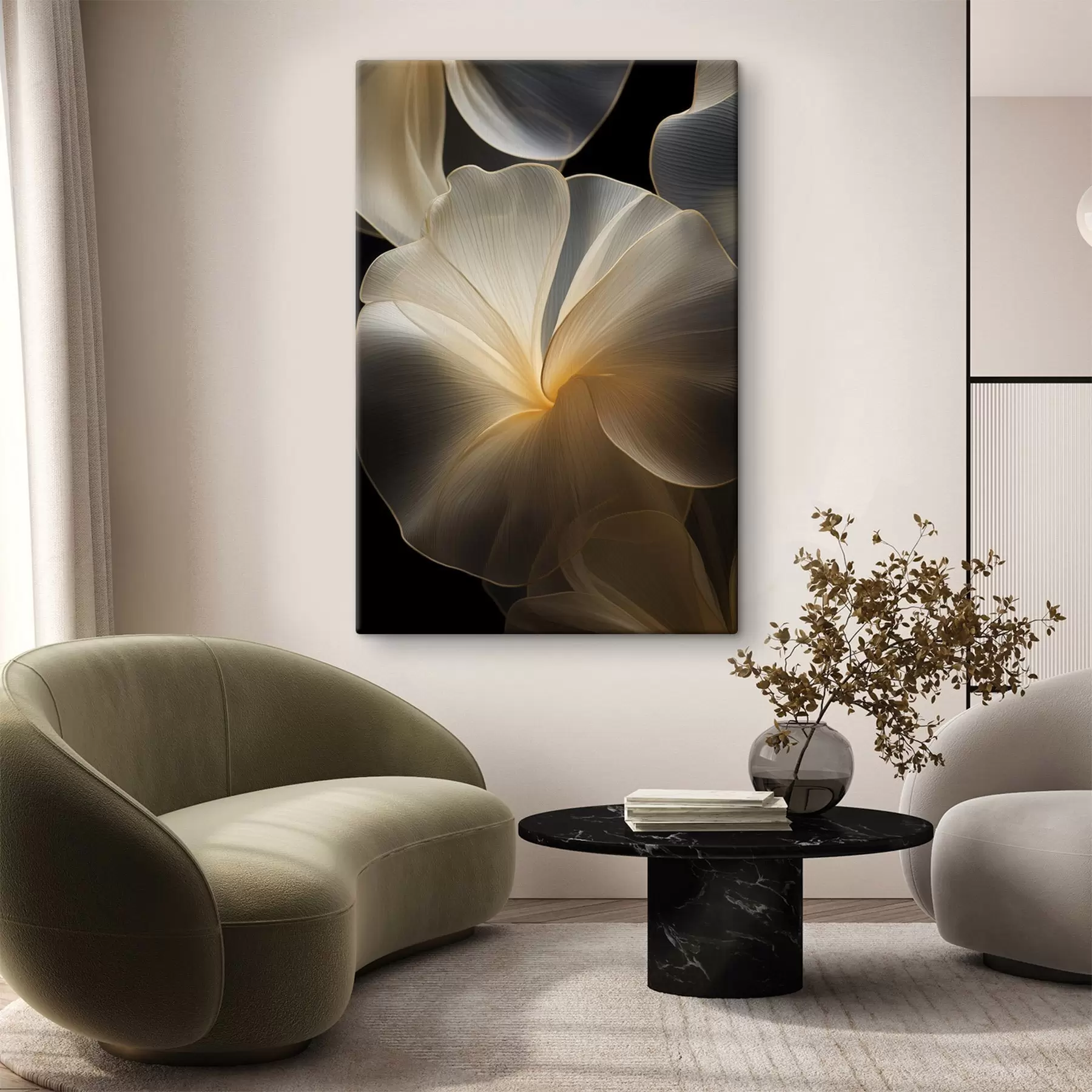 Wandbilder Abstrakte, fließende, durchscheinende Blütenblätter mit zarten Linien vor einem dunklen Hintergrund s47860