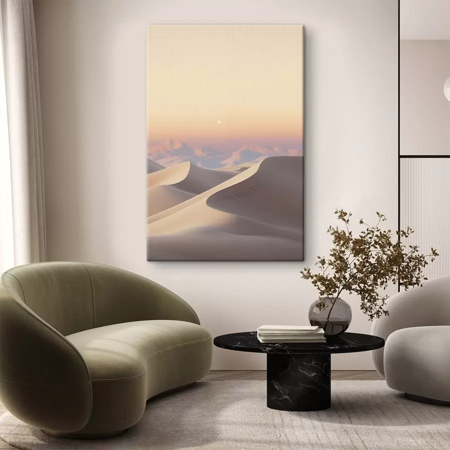 Wandbilder Eine Wüstenlandschaft mit sanften Sanddünen unter einem zarten Pastellhimmel, im Hintergrund entfernte Berge. s47865