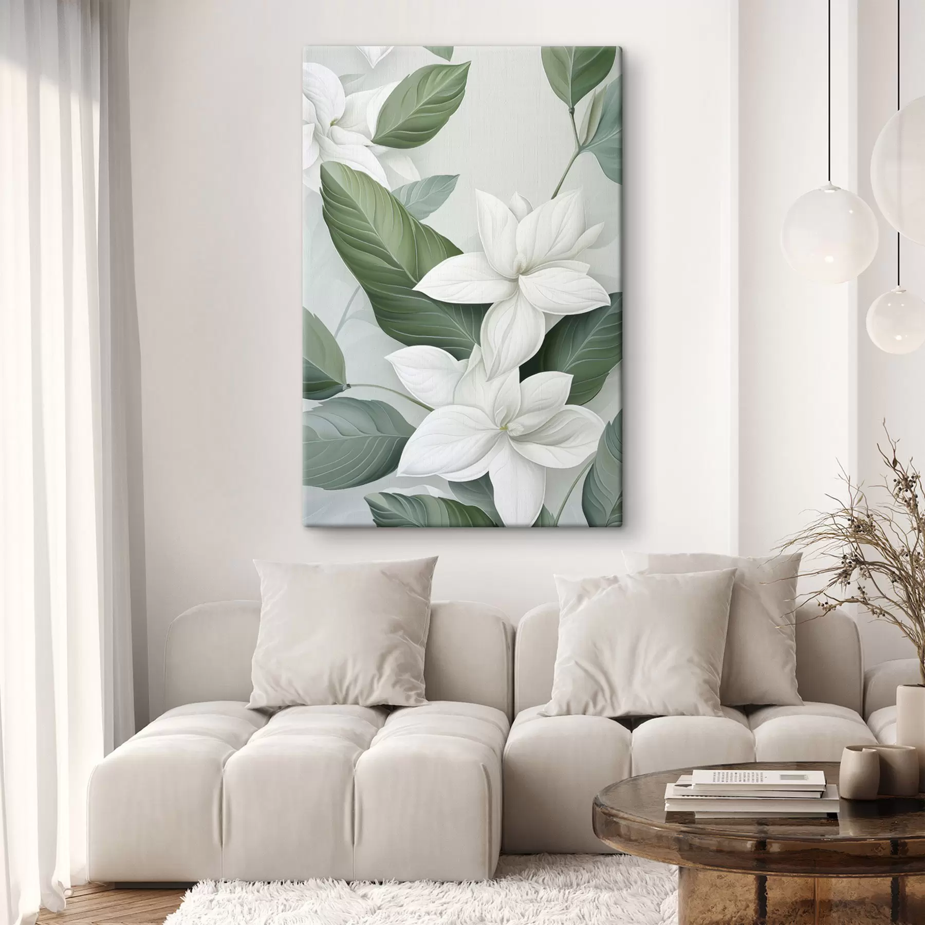 Wandbilder Weiße Blumen mit grünen Blättern, pastellfarbener Hintergrund s47869
