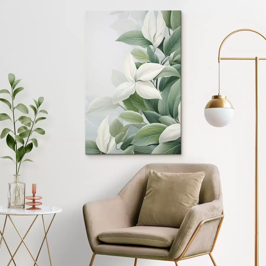 Wandbilder Weiße Blumen mit grünen Blättern, pastellfarbener Hintergrund s47870