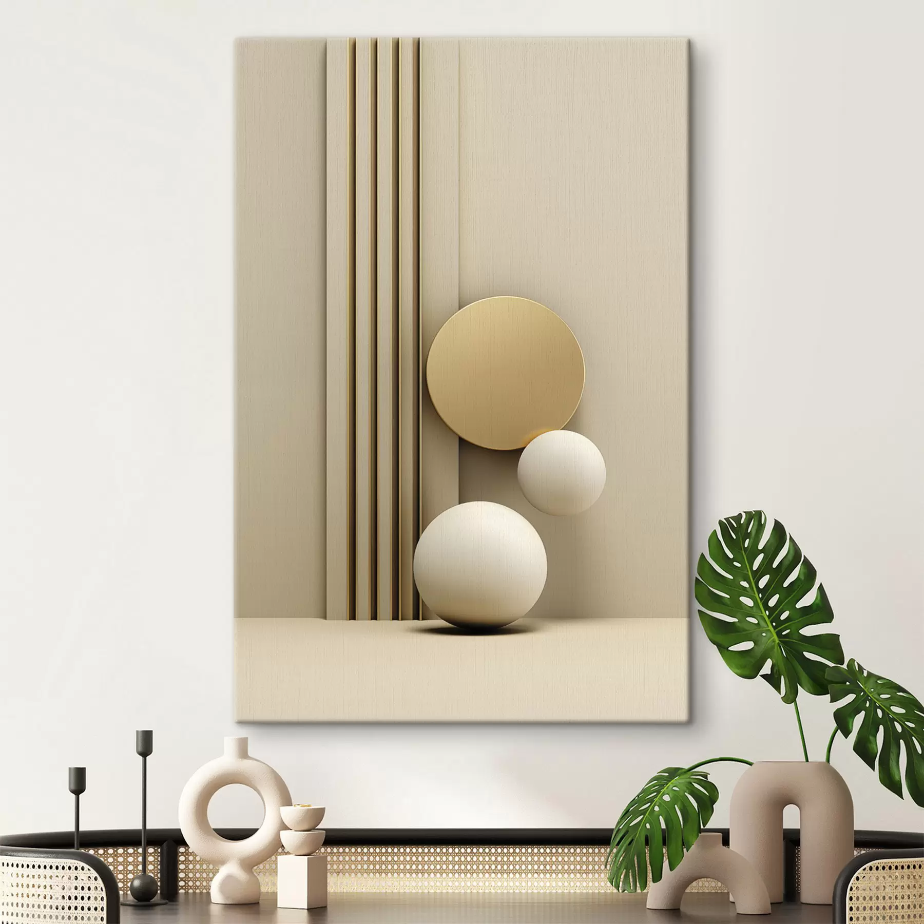 Wandbilder Abstrakte beige moderne Kunst mit vertikalen Linien und Kugeln s47871