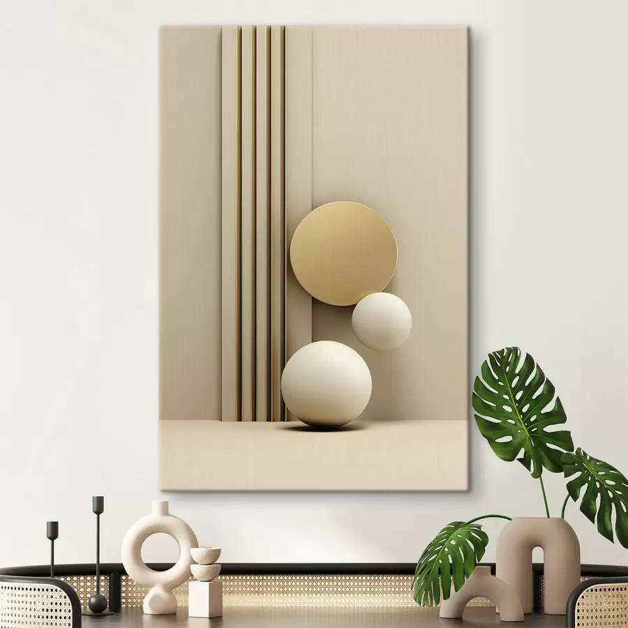 Wandbilder Abstrakte beige moderne Kunst mit vertikalen Linien und Kugeln s47871