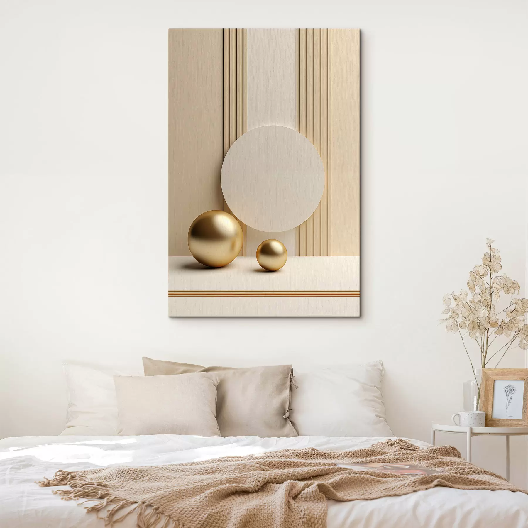 Wandbilder Abstrakte beige moderne Kunst mit vertikalen Linien und Kugeln s47872