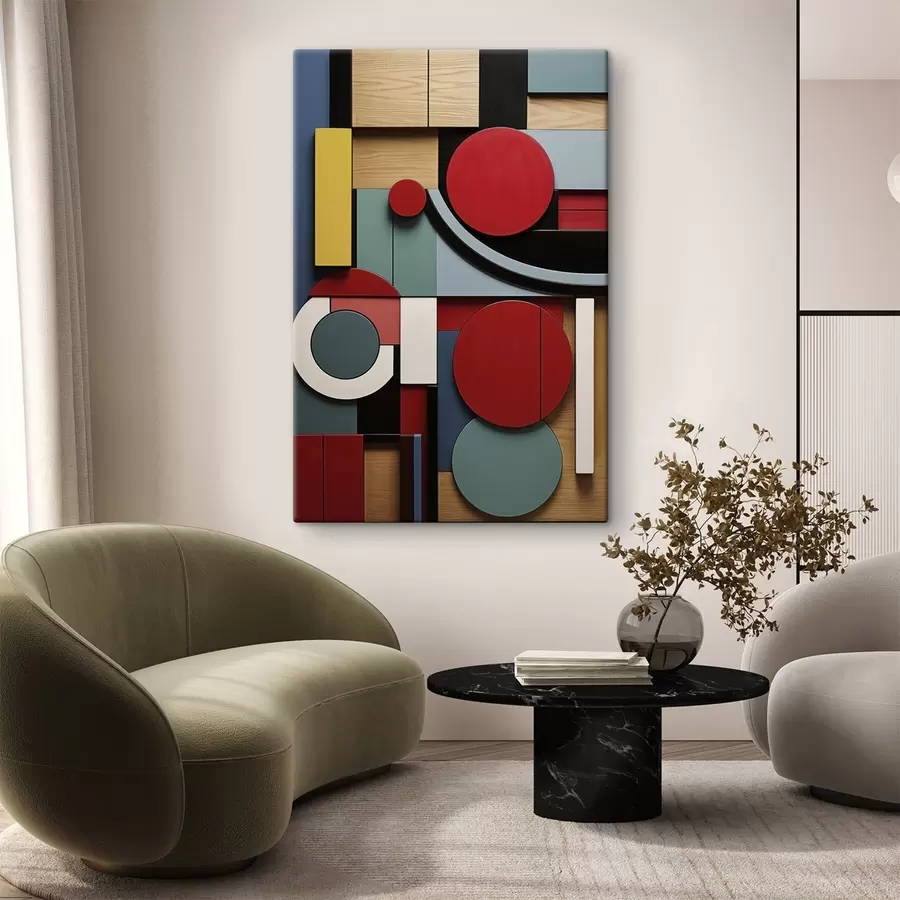 Wandbilder Abstrakte geometrische Komposition mit Holzstrukturimitation, roten, schwarzen, weißen und blaugrünen Rechtecken und Kreisen s47876