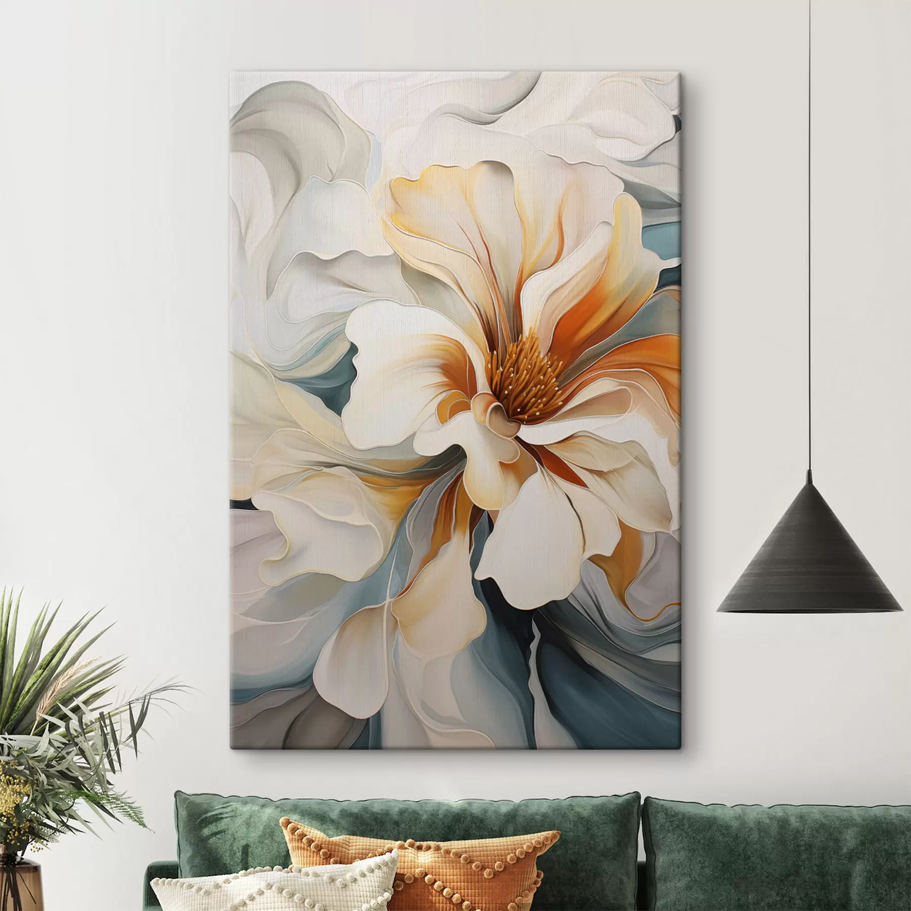 Wandbilder Abstrakte große Blume mit weißen, orangefarbenen und blaugrünen Blütenblättern, strukturierter Hintergrund s47877