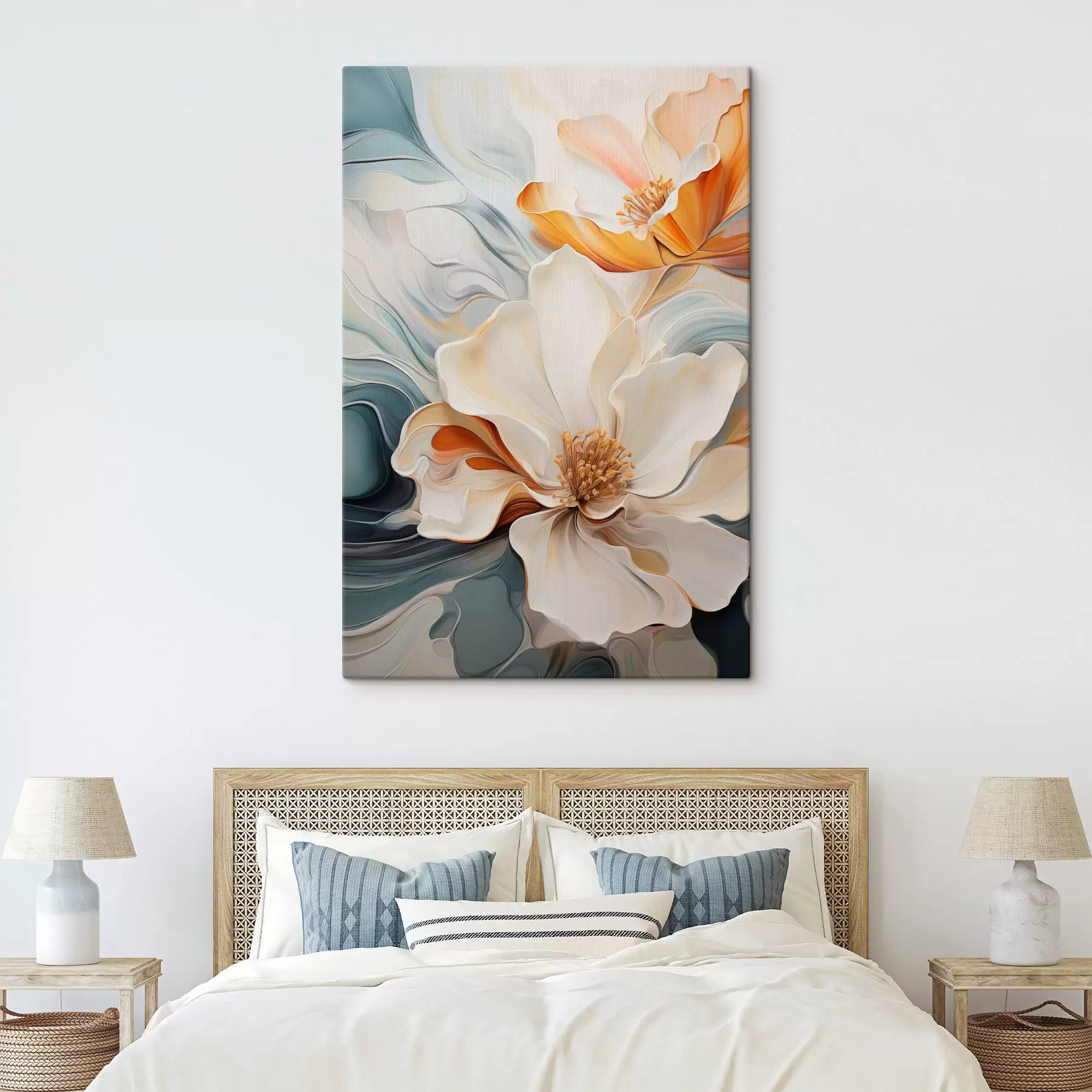 Wandbilder Abstrakte große Blume mit weißen, orangefarbenen und blaugrünen Blütenblättern, strukturierter Hintergrund s47878