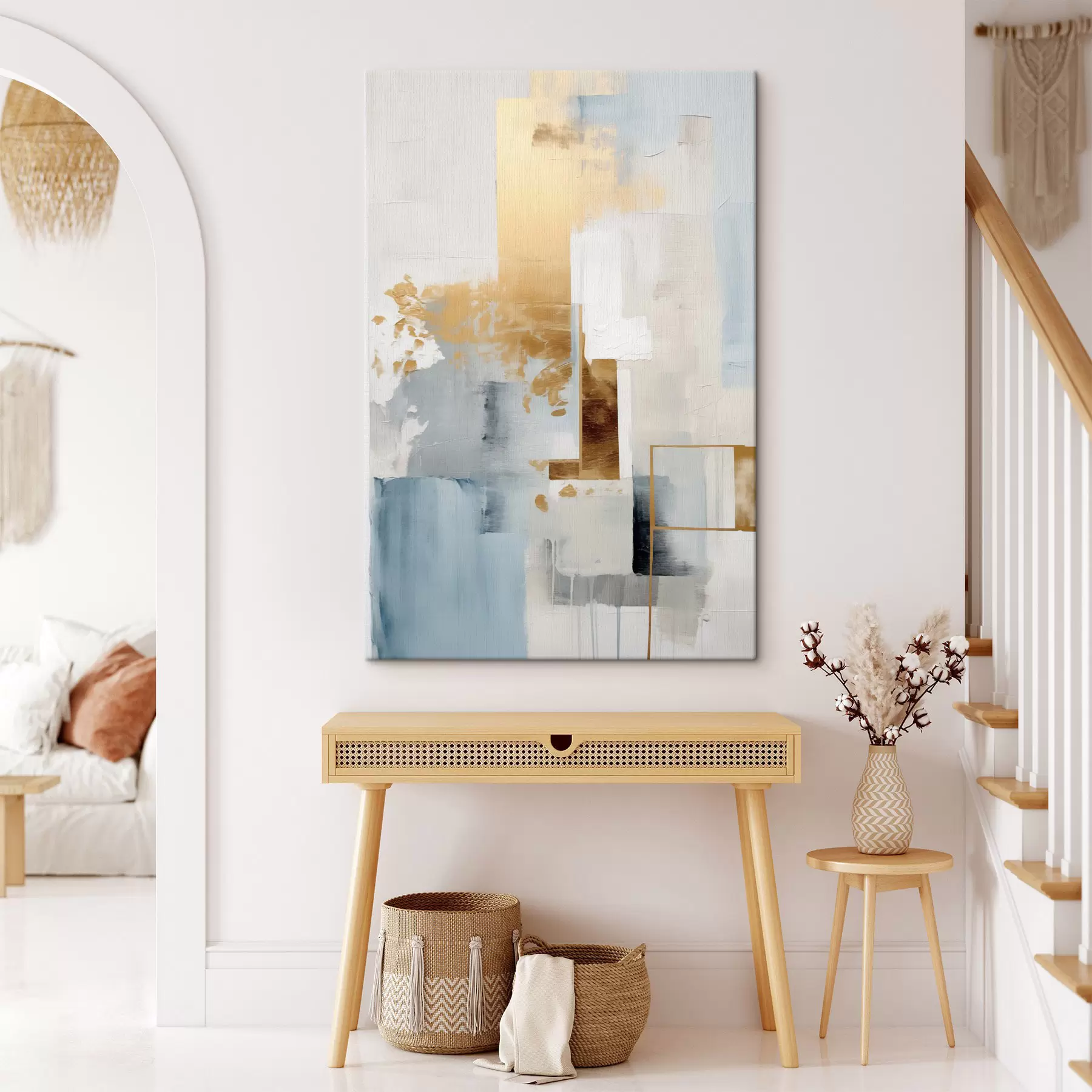 Wandbilder Abstrakte geometrische Formen in Gelb, Blau und Weiß, strukturierte und minimalistische Komposition s47881