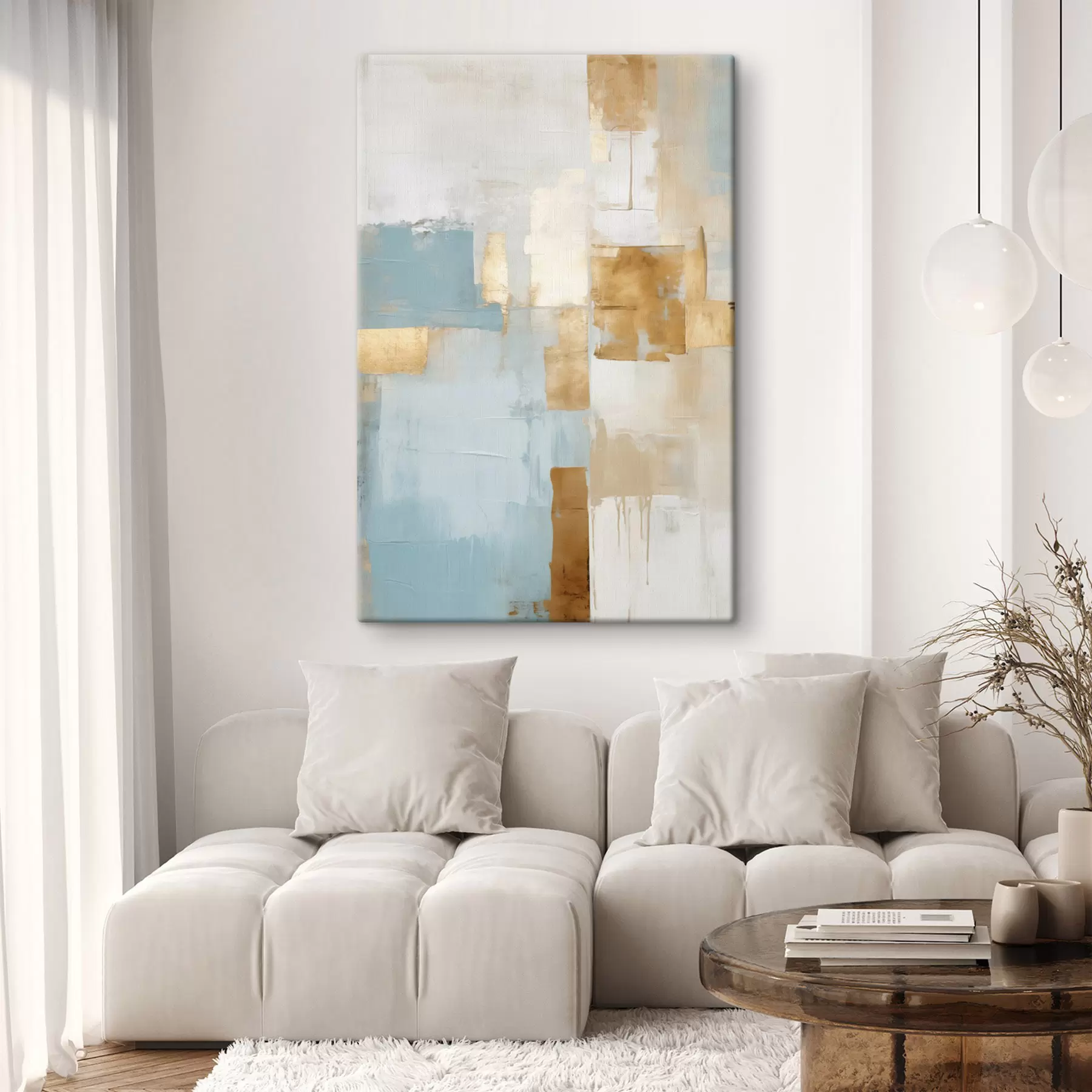 Wandbilder Abstrakte geometrische Formen in Gelb, Blau und Weiß, strukturierte und minimalistische Komposition s47882