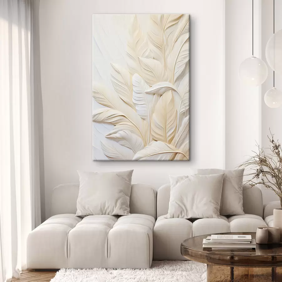 Wandbilder Cremefarbene Federn, die sich überlappen, mit einem weichen, hellen Hintergrund s47883