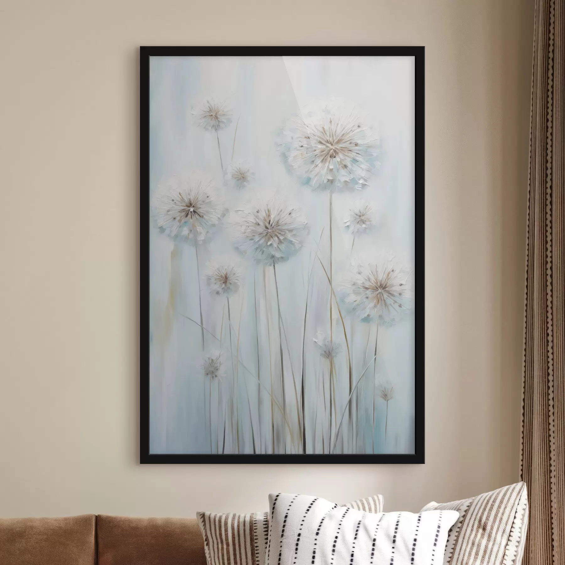 Fototapete Strukturierter Malstil von Löwenzahn vor einem sanften blau-weißen Hintergrund f47856