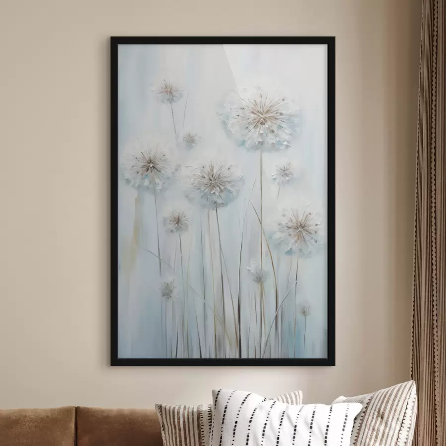 Fototapete Strukturierter Malstil von Löwenzahn vor einem sanften blau-weißen Hintergrund f47856