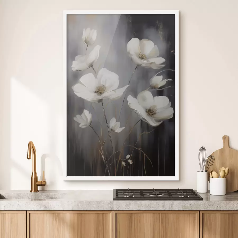 Fototapete Weiße Blüten mit braunen Zentren und dünnen Stielen vor einem dunklen, strukturierten Hintergrund f47858