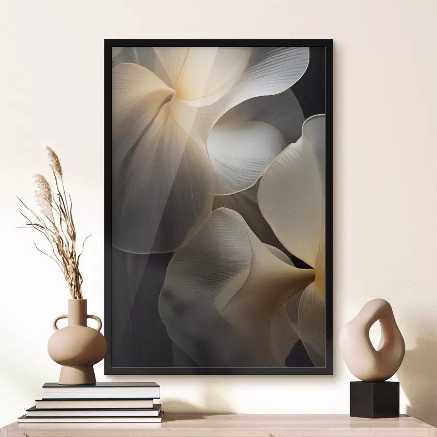 Fototapete Abstrakte, fließende, durchscheinende Blütenblätter mit zarten Linien vor einem dunklen Hintergrund f47859