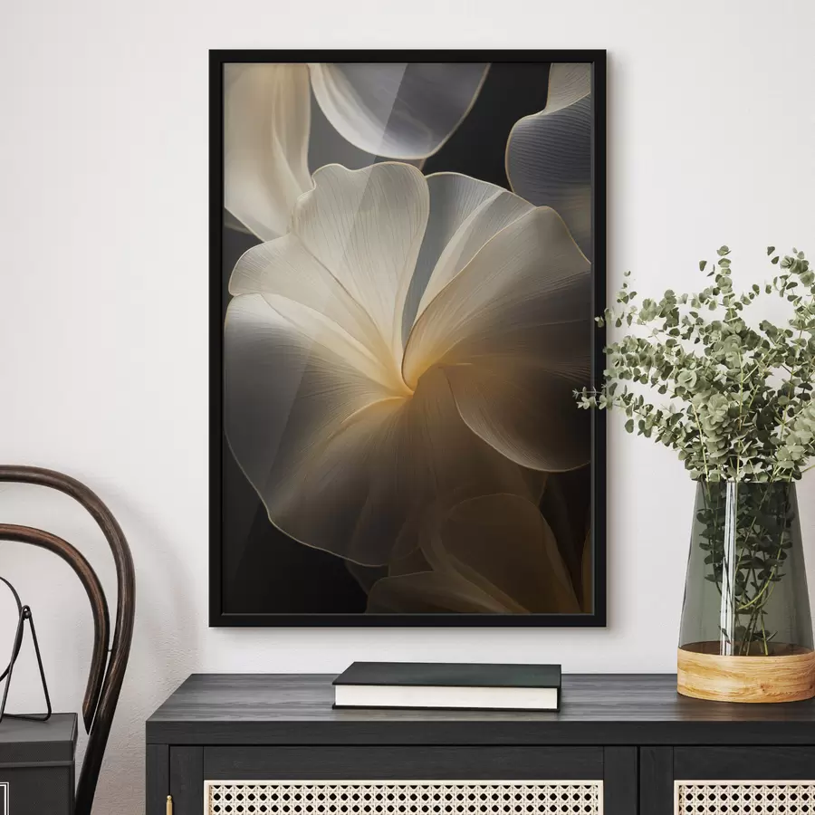 Fototapete Abstrakte, fließende, durchscheinende Blütenblätter mit zarten Linien vor einem dunklen Hintergrund f47860