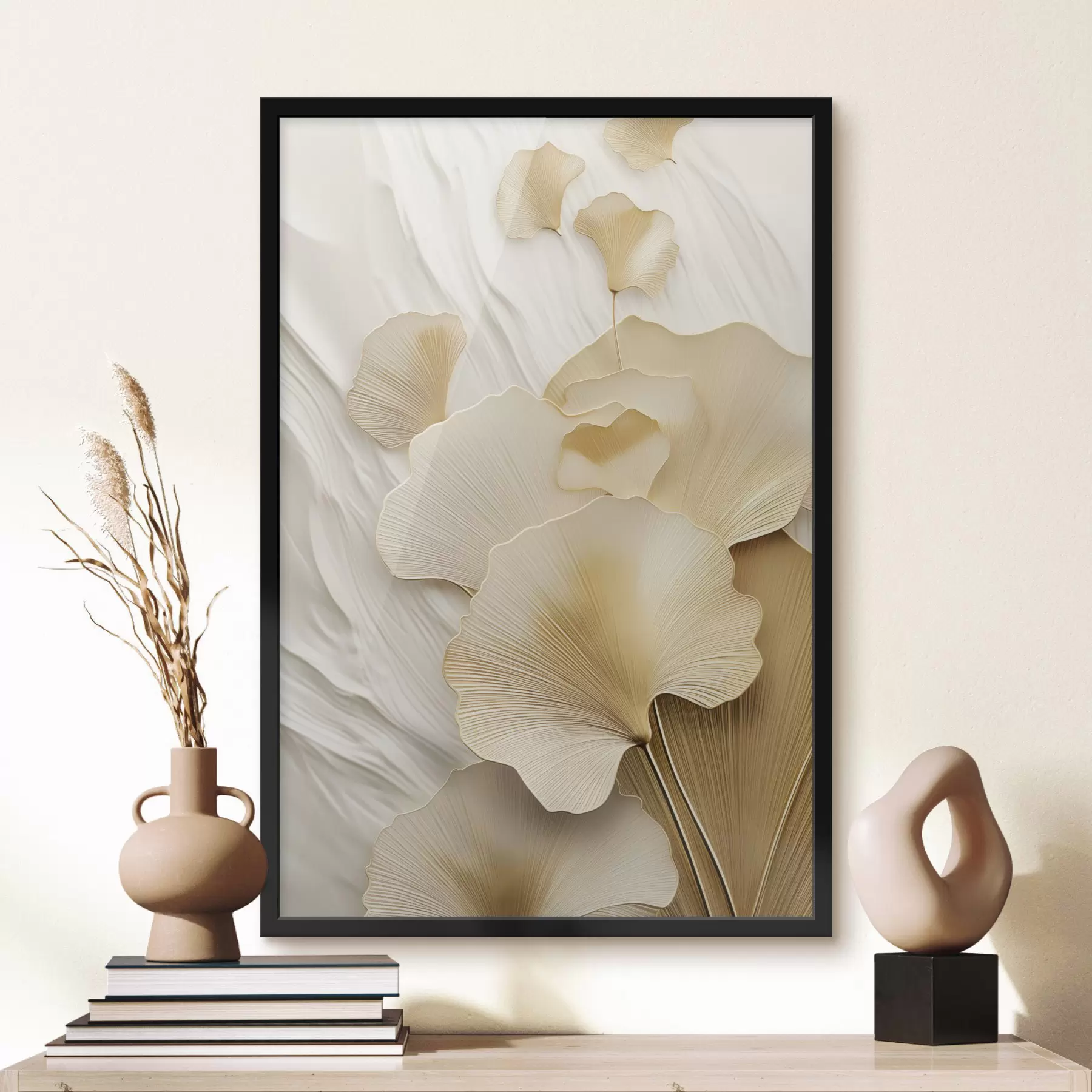 Fototapete Abstrakte Ginkgoblätter vor einem strukturierten, hellen Hintergrund, elegante und abstrakte Komposition f47868