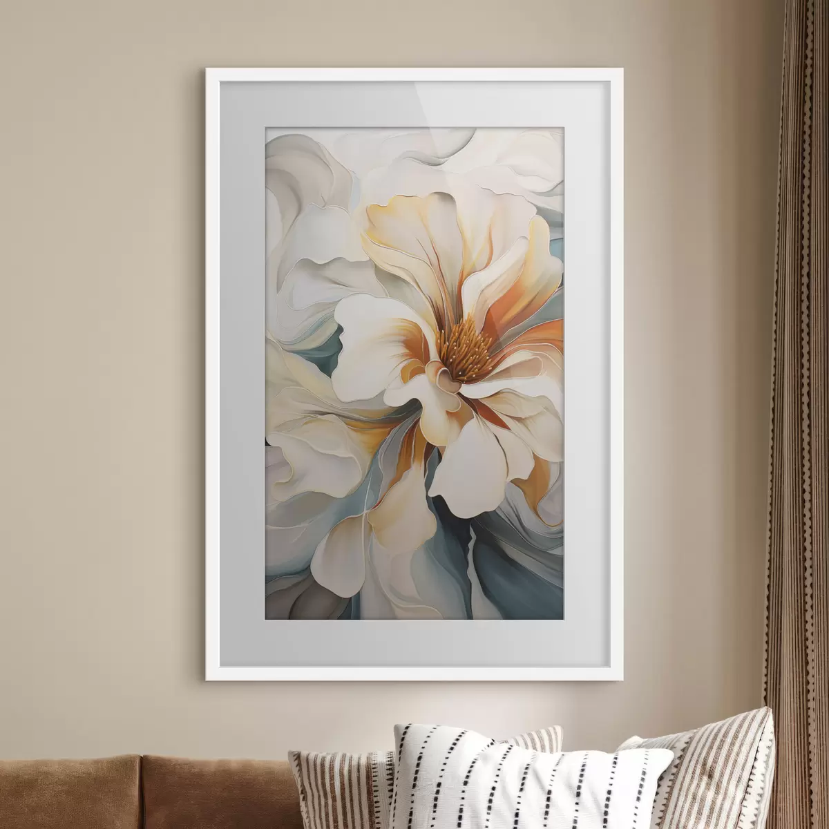 Poster Abstrakte große Blume mit weißen, orangefarbenen und blaugrünen Blütenblättern, strukturierter Hintergrund f47877