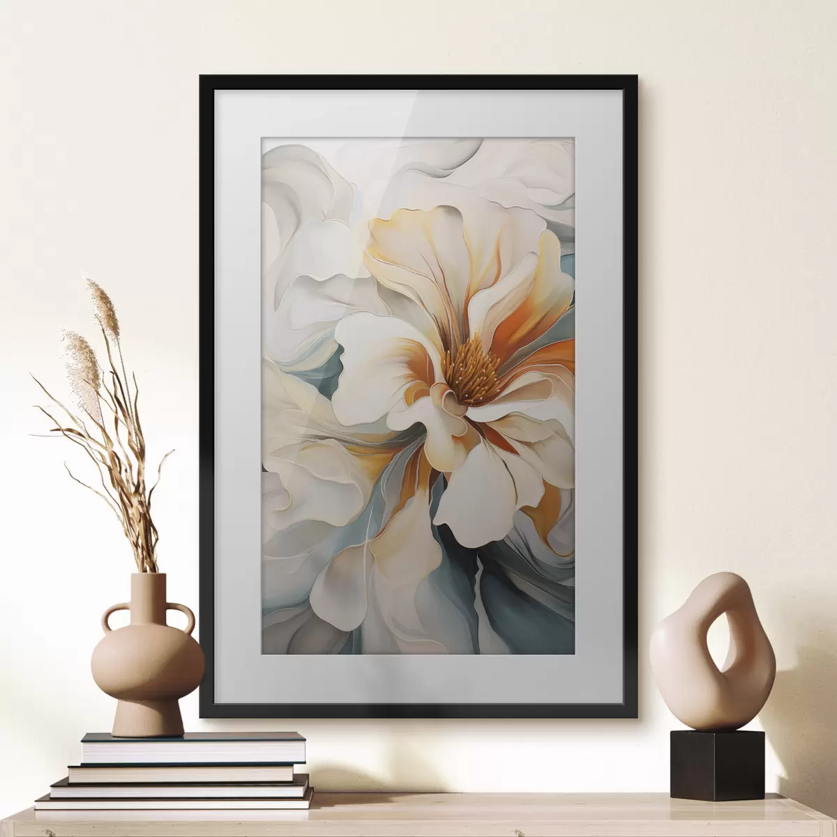 Poster Abstrakte große Blume mit weißen, orangefarbenen und blaugrünen Blütenblättern, strukturierter Hintergrund f47877