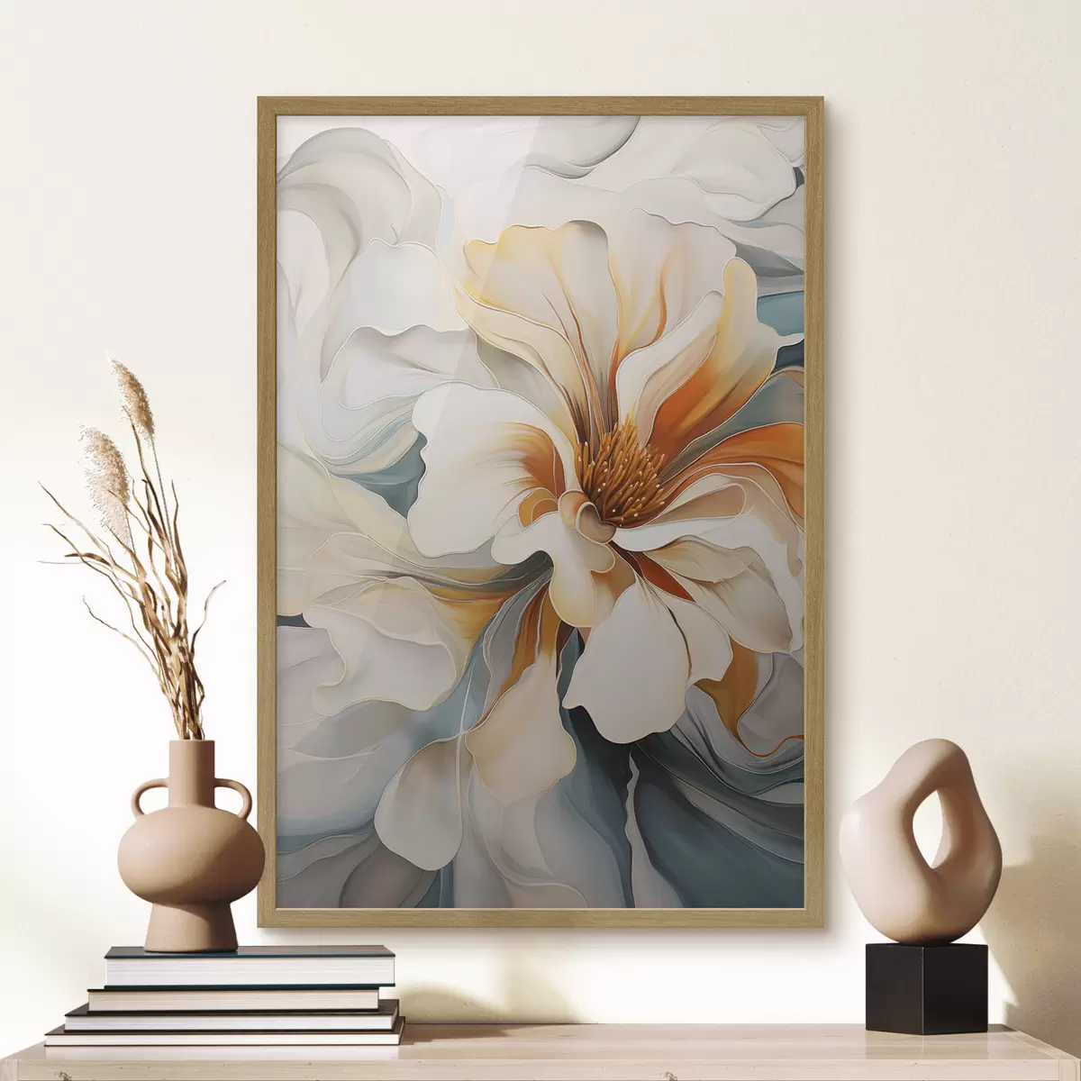 Poster Abstrakte große Blume mit weißen, orangefarbenen und blaugrünen Blütenblättern, strukturierter Hintergrund f47877