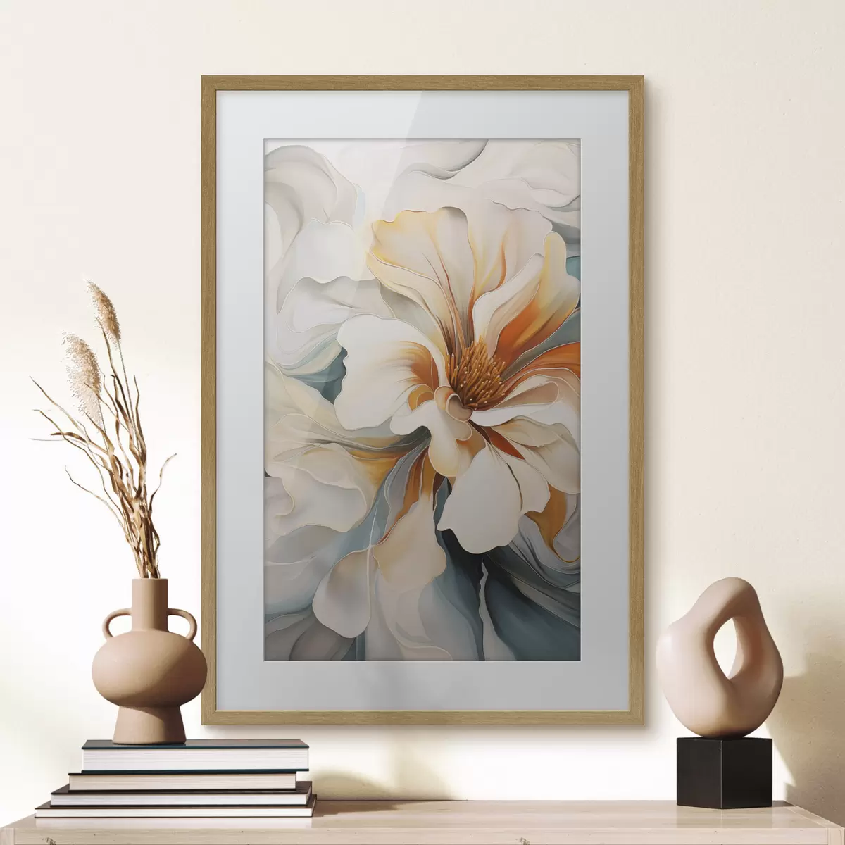 Poster Abstrakte große Blume mit weißen, orangefarbenen und blaugrünen Blütenblättern, strukturierter Hintergrund f47877