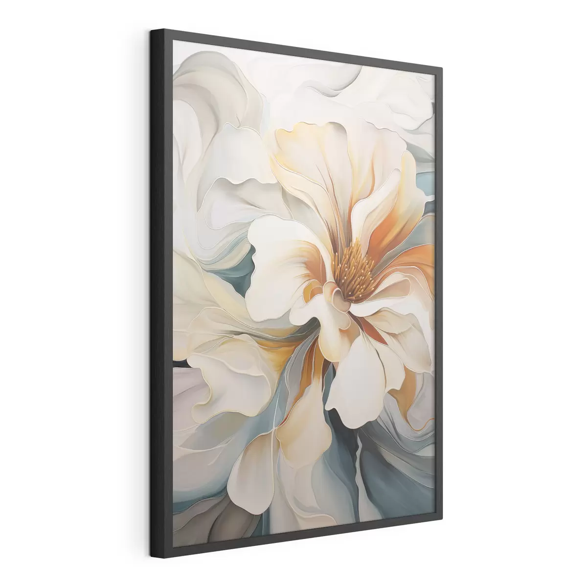 Poster Abstrakte große Blume mit weißen, orangefarbenen und blaugrünen Blütenblättern, strukturierter Hintergrund f47877
