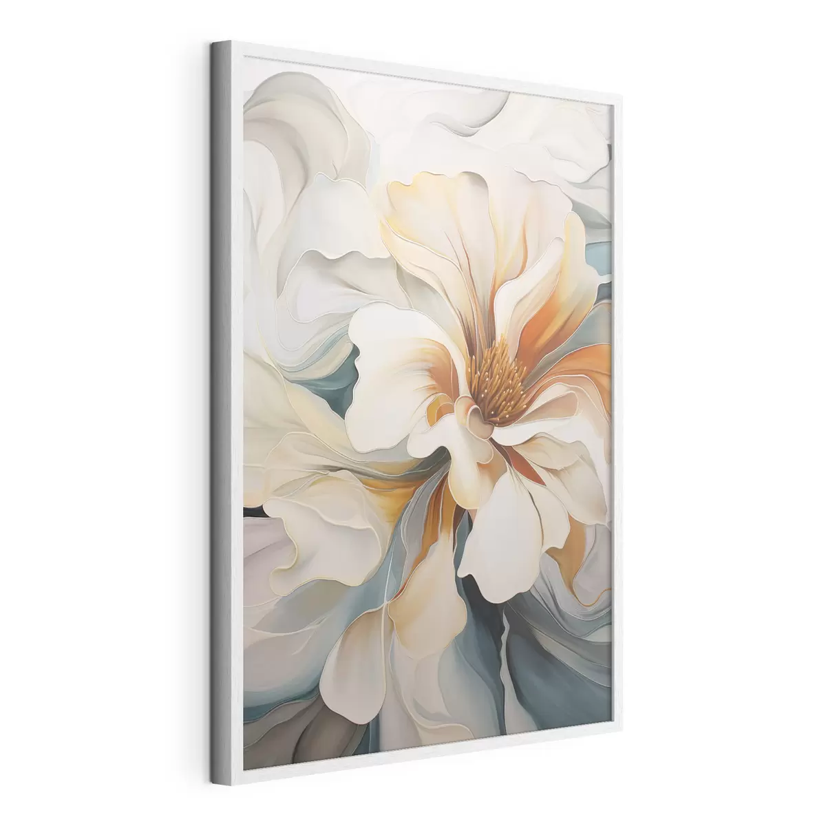 Poster Abstrakte große Blume mit weißen, orangefarbenen und blaugrünen Blütenblättern, strukturierter Hintergrund f47877