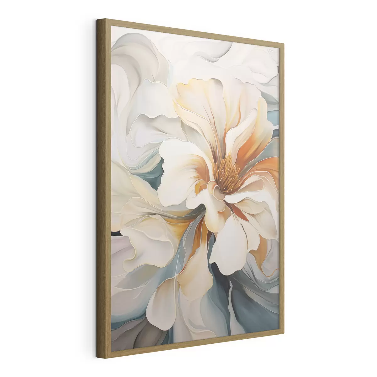 Poster Abstrakte große Blume mit weißen, orangefarbenen und blaugrünen Blütenblättern, strukturierter Hintergrund f47877