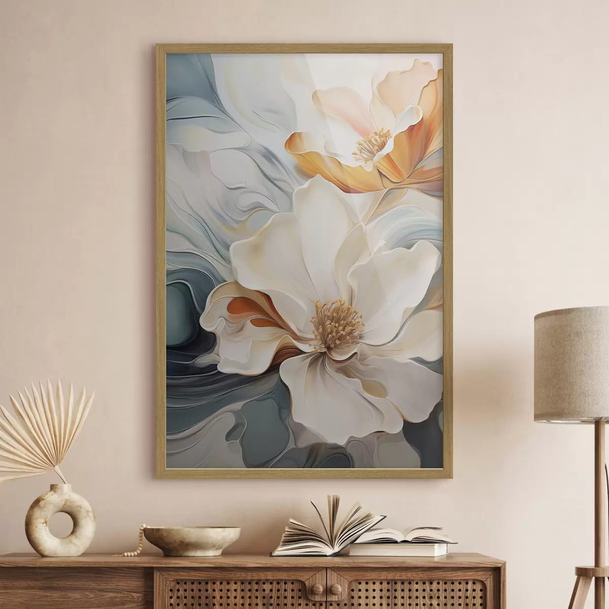 Poster Abstrakte große Blume mit weißen, orangefarbenen und blaugrünen Blütenblättern, strukturierter Hintergrund f47878