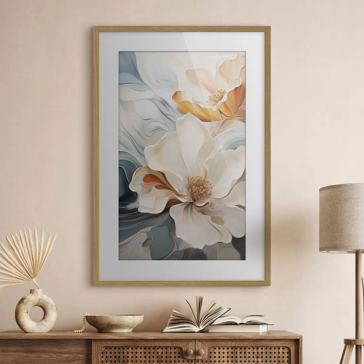 Poster Abstrakte große Blume mit weißen, orangefarbenen und blaugrünen Blütenblättern, strukturierter Hintergrund f47878