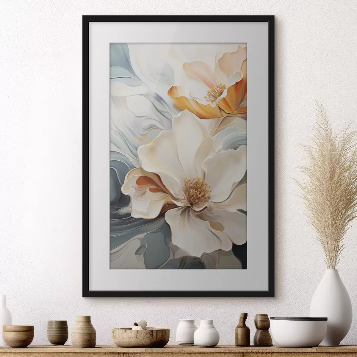 Poster Abstrakte große Blume mit weißen, orangefarbenen und blaugrünen Blütenblättern, strukturierter Hintergrund f47878