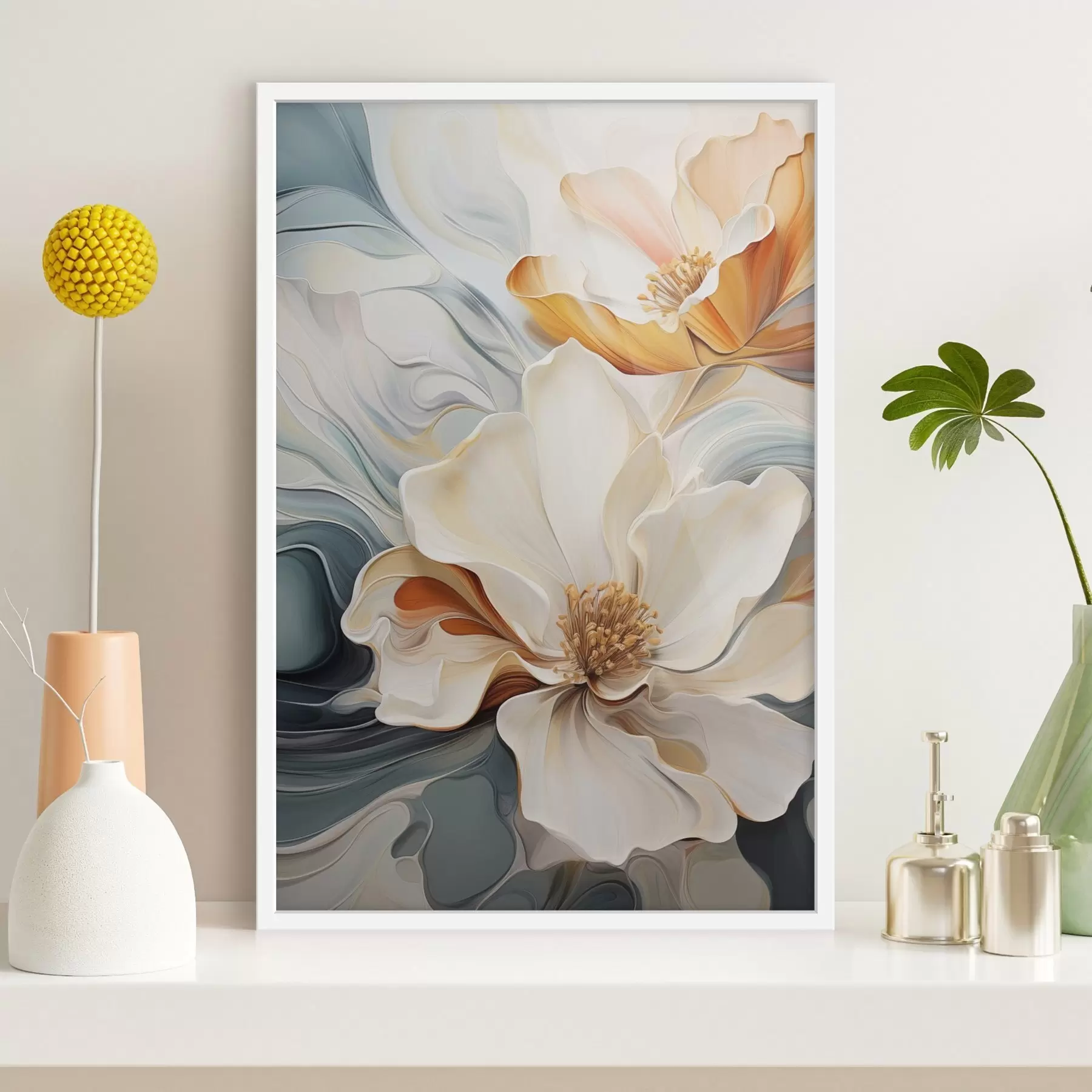 Fototapete Abstrakte große Blume mit weißen, orangefarbenen und blaugrünen Blütenblättern, strukturierter Hintergrund f47878