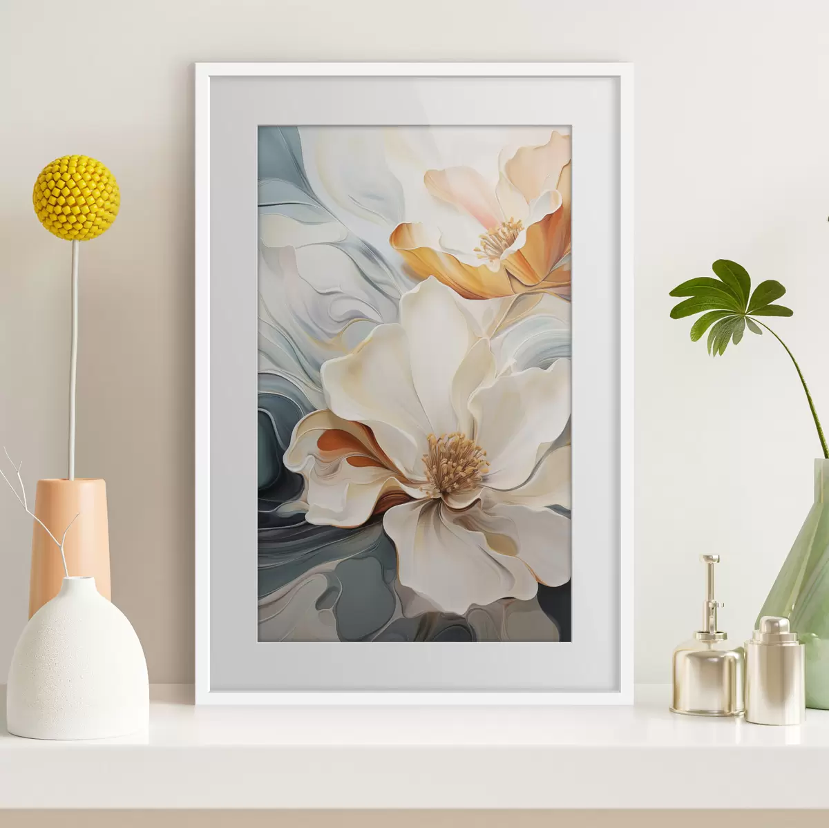 Poster Abstrakte große Blume mit weißen, orangefarbenen und blaugrünen Blütenblättern, strukturierter Hintergrund f47878