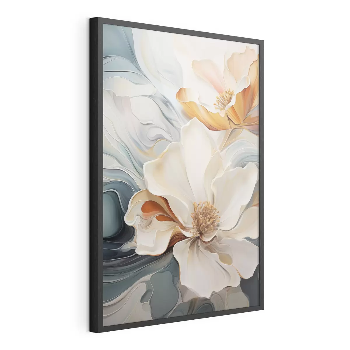 Poster Abstrakte große Blume mit weißen, orangefarbenen und blaugrünen Blütenblättern, strukturierter Hintergrund f47878