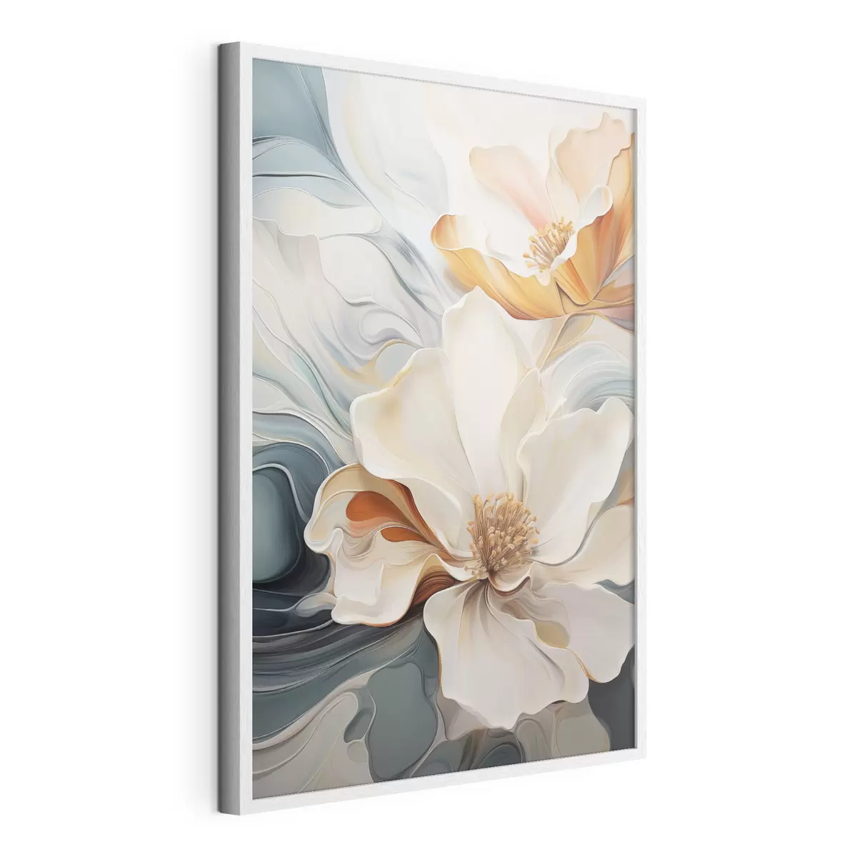 Poster Abstrakte große Blume mit weißen, orangefarbenen und blaugrünen Blütenblättern, strukturierter Hintergrund f47878