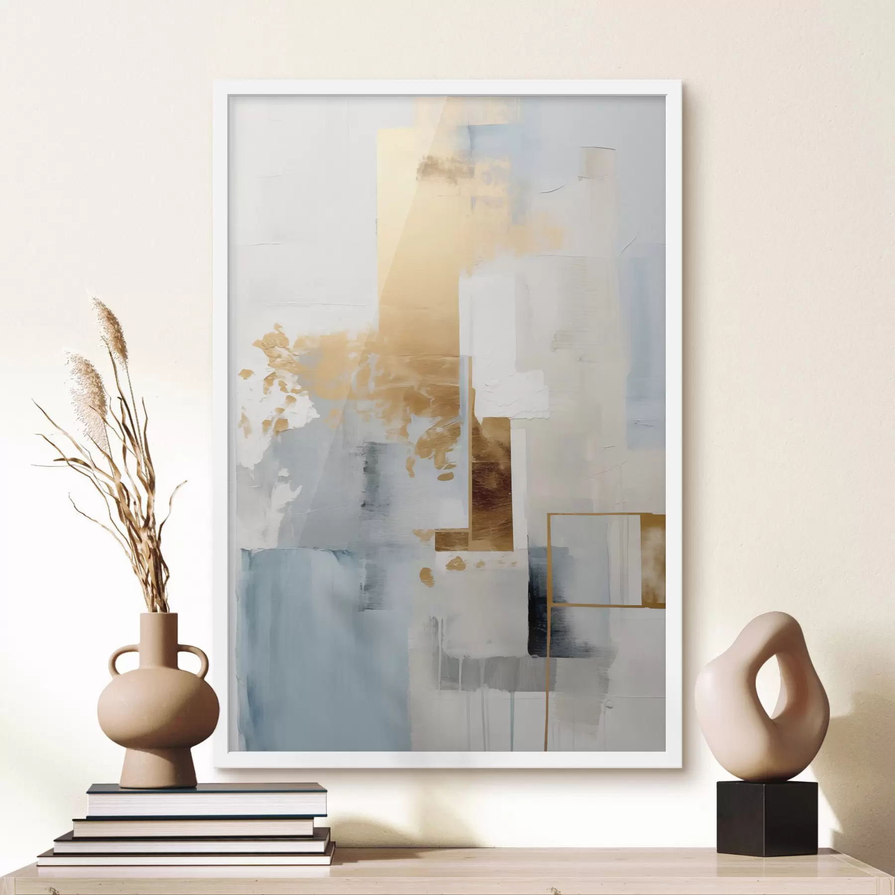 Fototapete Abstrakte geometrische Formen in Gelb, Blau und Weiß, strukturierte und minimalistische Komposition f47881