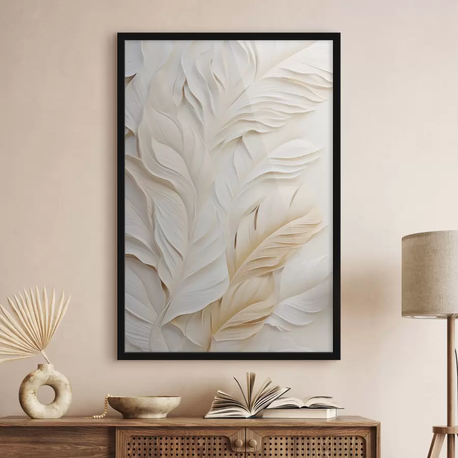 Fototapete Cremefarbene Federn, die sich überlappen, mit einem weichen, hellen Hintergrund f47884