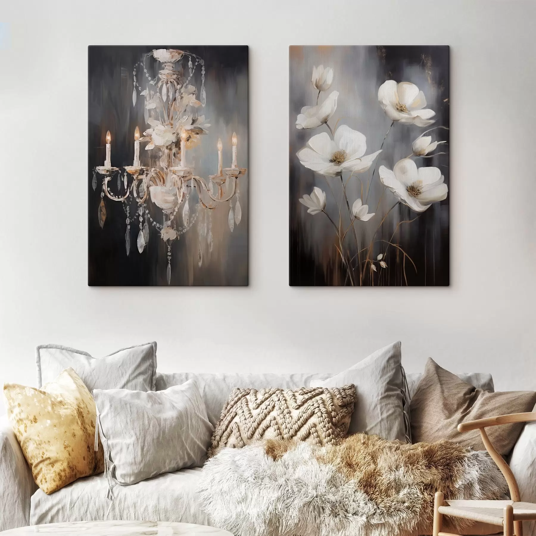 Wandbilder Abstrakter, verzierter Kronleuchter mit brennenden Kerzen und Blumenkunst vor einem dunklen, strukturierten Hintergrund m30049