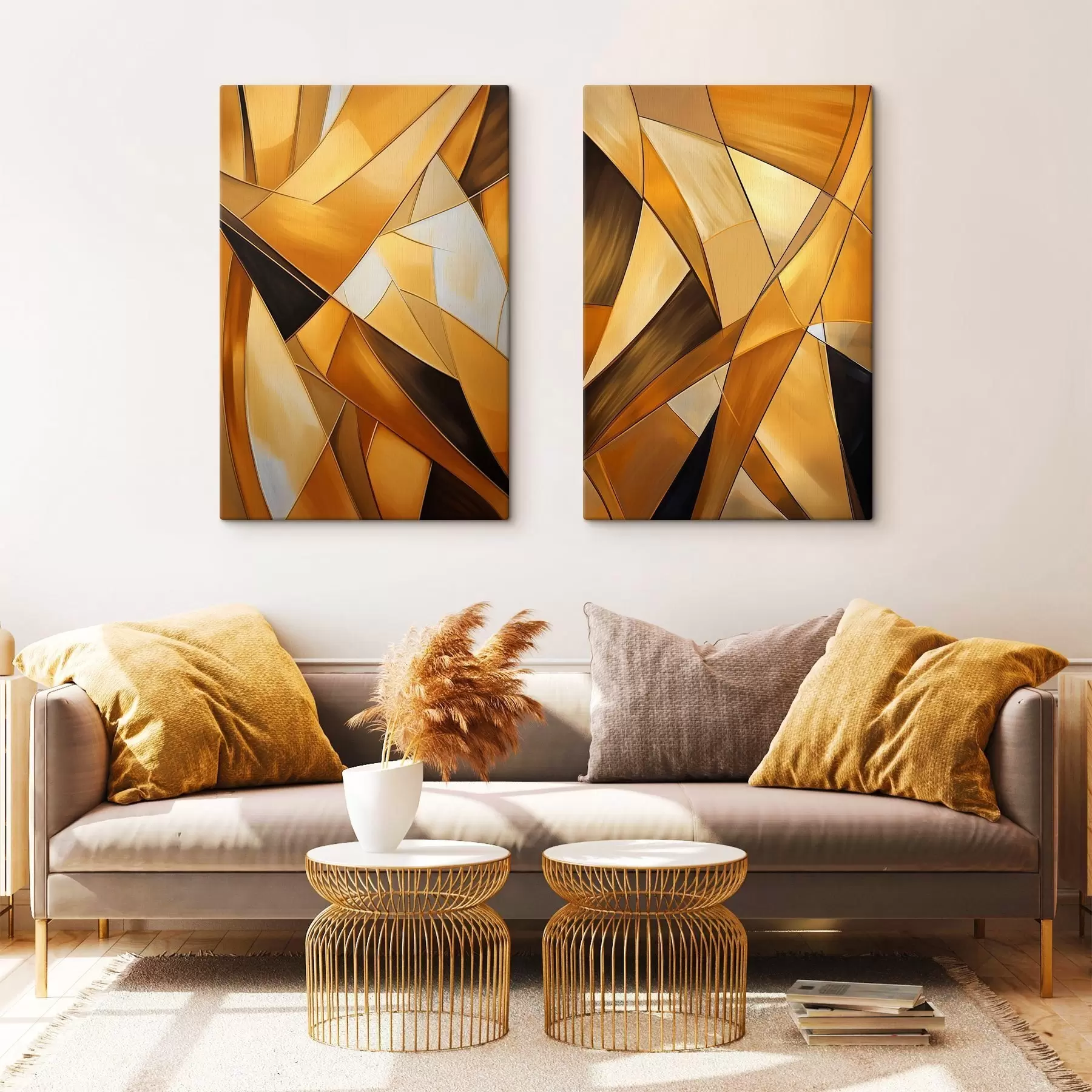 Wandbilder Abstrakte geometrische Formen in Orange-, Braun- und Weißtönen mit dünnen Konturen auf strukturiertem Hintergrund m30052